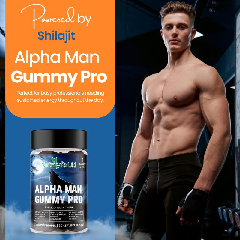 Alpha Man Gummy Pro – 5000mg High Strength Energy, Stamina & Vitality Gummies for Men with Maca, Ashwagandha, Rhodiola, Ginseng & Shilajit | Vegan Food Supplement | 60 Gummies