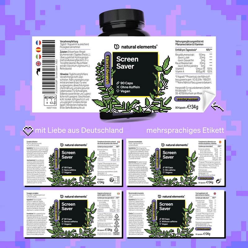 [Australia] - Screen Saver eye vitamin for gamers - 90 capsules with vitamin A - with lutein zeaxanthin and vitamin E - vegan, high dosage, without unnecessary additives - laboratory tested in Germany 