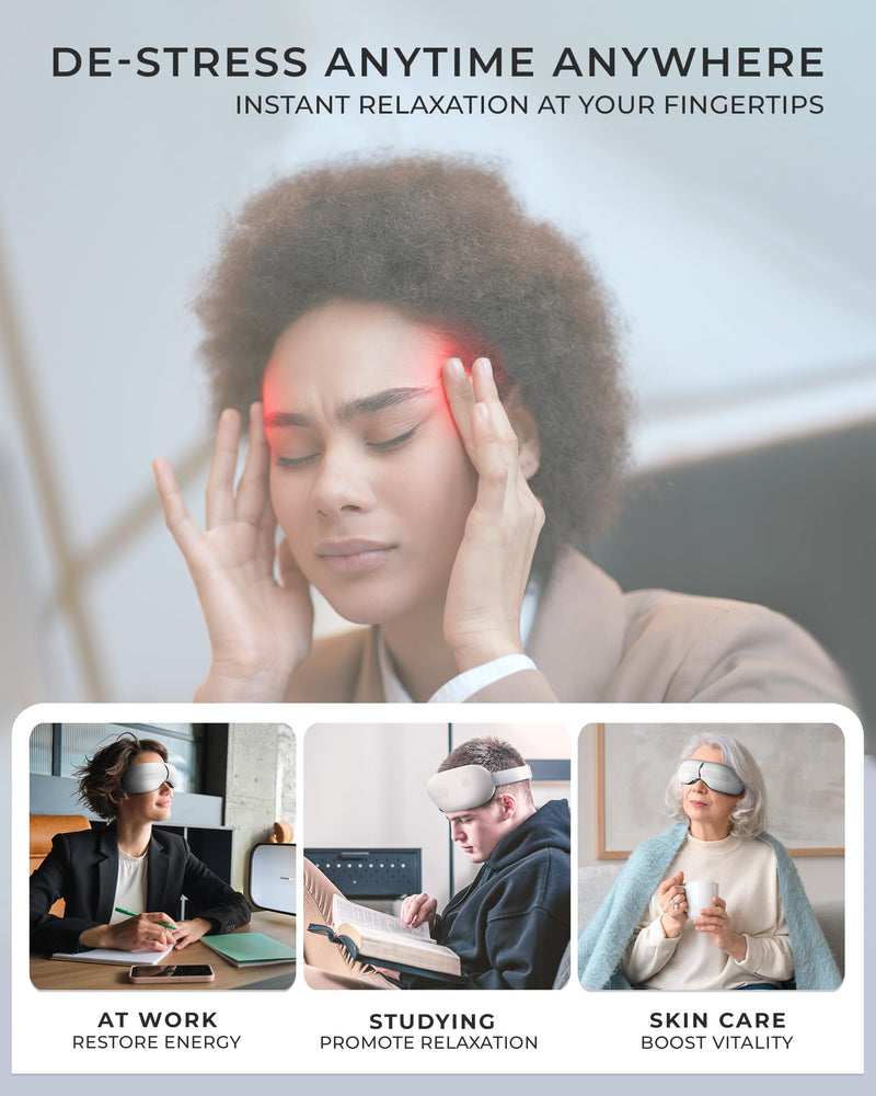 [Australia] - Premium Eye Massager with Heat & Cooling Gel Mask Heated Eye Massager for Migraine w Bluetooth & White Noise Massaging Mask for Tension & Stress Relief, Birthday Gift 