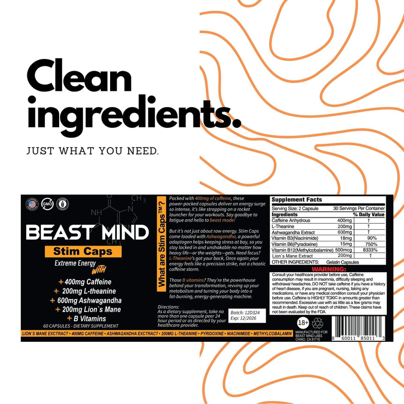 Beast Mind Dual-Energy System Bundle | Fast-Acting & Extended Release Energy Pills | 400mg Caffeine, 600mg Ashwagandha, 200mg Lions Mane | All-Day Nootropic Focus & Mood Support | 120 Capsules (60+60)