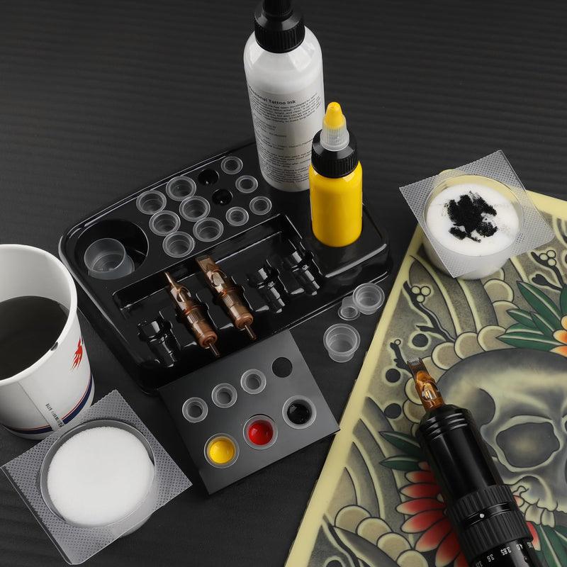 [Australia] - RHEIN 18 Tattoo Dip Foam Cup 2 Ink Cup Holders 12 Ink Tray Cleaning Needles Tip Tattoo Cleaning Supplies Disposable Professional 