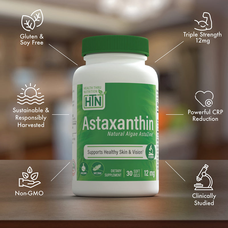 [Australia] - Health Thru Nutrition Astaxanthin Triple Strength 12mg 30 Softgels | AstaZine from Algae Organically Grown in Pristine Himalayan Water | Skin and Vision Support | Non-GMO, Gluten Free, Soy Free 1 Count (Pack of 30) 