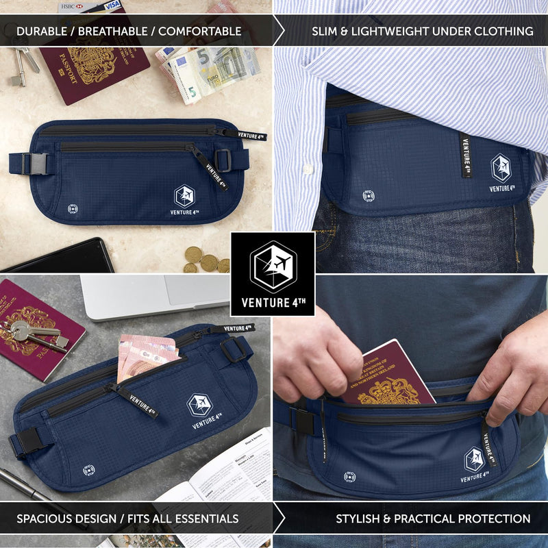 VENTURE 4TH Ultimate Travel Comfort Bundle: RFID Blocking Money Belt & Travel Blanket Pillow (Navy Money Belt & Navy-Teal Blanket/Pillow)