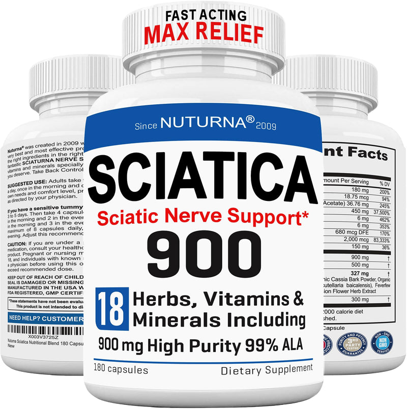 Sciatica Nerve Support Supplement with 900 mg HP-99 Alpha Lipoic Acid Formula - Max Strength ALA for Feet Hands Fingers Legs - Ultra Potent 18 in 1 Natural Peripheral Nerve Vitamins - 180 Capsules 180 Count (Pack of 1)