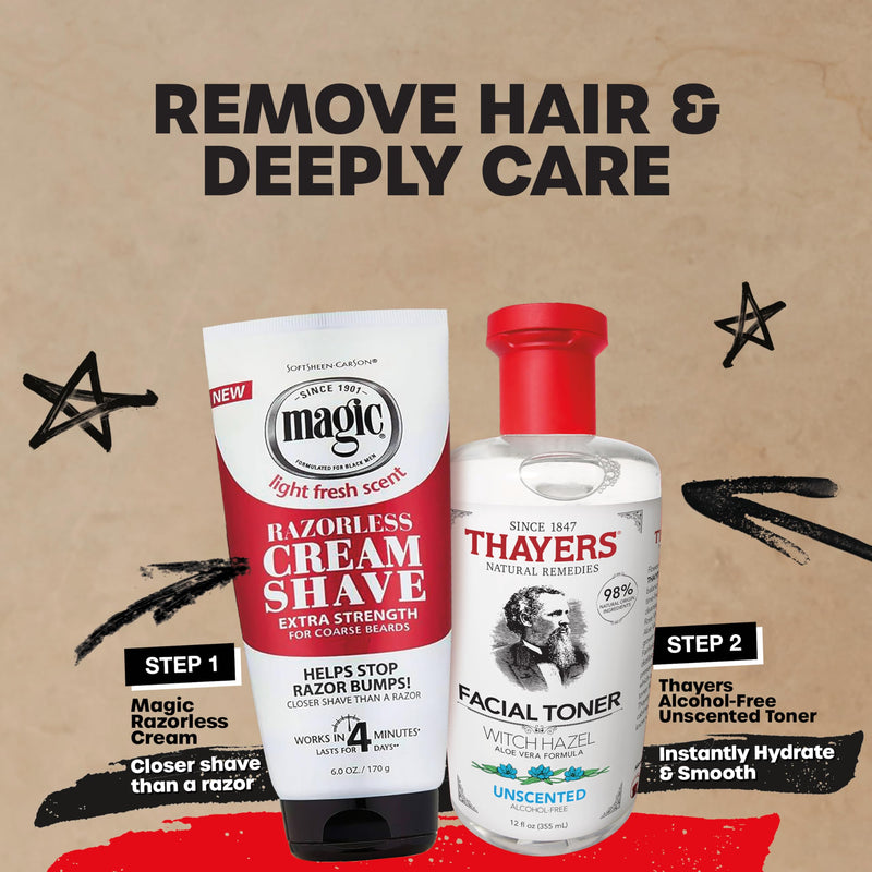 Smooth Skin Superstars: Magic Razorless Shave Cream with Shea Butter and Thayers Alcohol-Free Unscented Toner with Witch Hazel, Hair Removal Routine for Smooth and Bump-Free Skin All Over Body