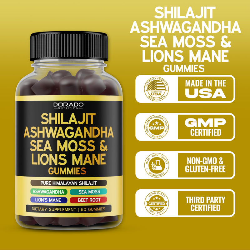 [Australia] - Shilajit Gummies with Sea Moss, Ashwagandha & Lions Mane - (Pure Himalayan Shilajit Supplement for Men & Women, Energy & Immunity Support) - Third Party Tested & Vegan Safe - (60 Gummies) 
