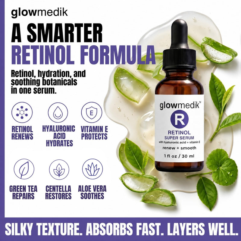 Glowmedik Retinol Booster Serum For Face with Hyaluronic Acid, Vitamin E & Aloe, Facial Skin Care, Fragrance Free – 30ml