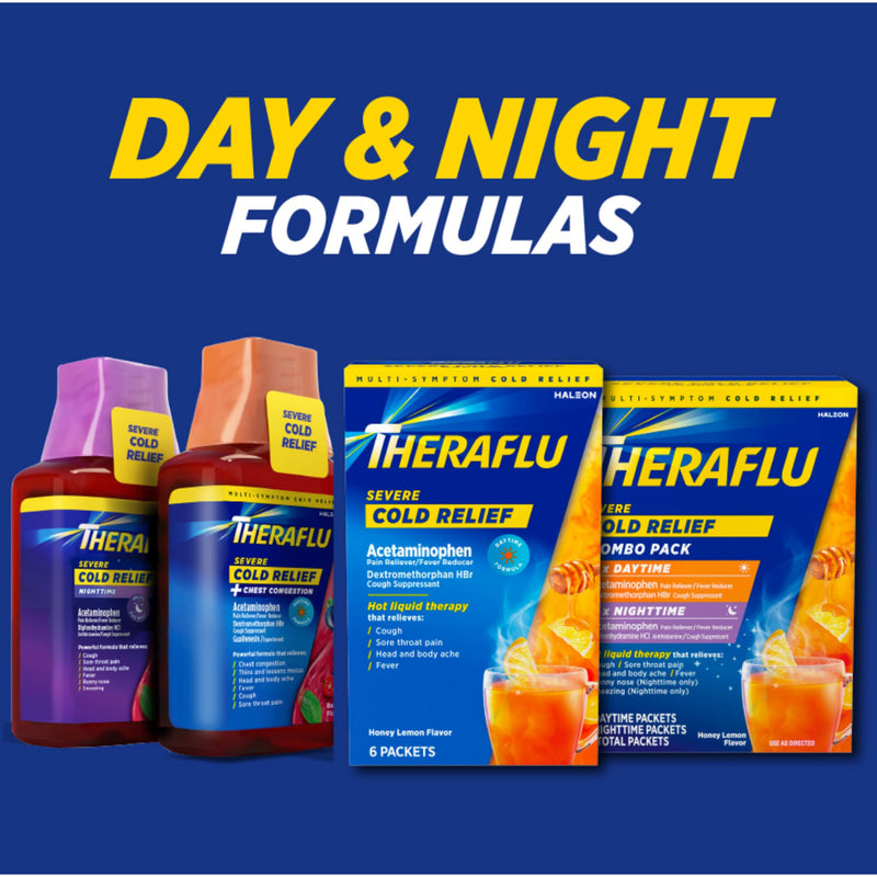 [Australia] - Theraflu Combo Daytime and Nighttime Severe Cold Relief Powder, Honey Lemon Flavor, 12 Count, 6 Daytime + 6 Nighttime 