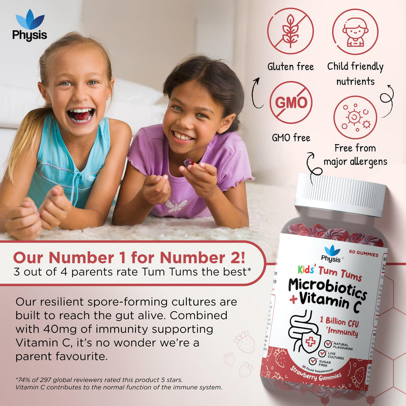 Physis Tum Tums Sugar Free Gummies 2+ | 1 Billion CFU & Vitamin C | Toddlers (Chewing Age) & Children | Gut, Good Health & Immunity | Daily Routine Support | Live Cultures | 60 Strawberry Gummies 60 count (Pack of 1)