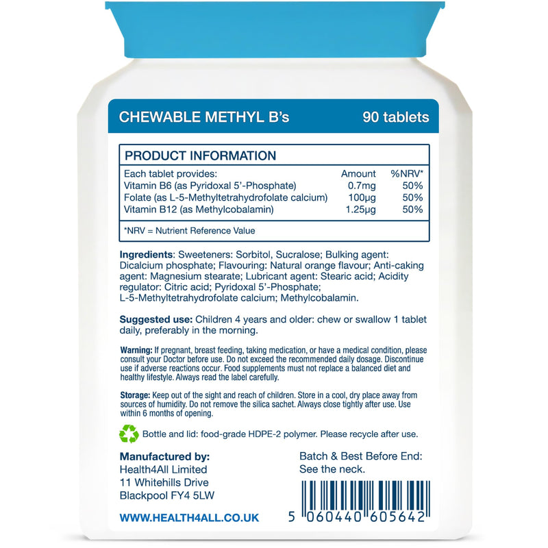 Health4All Kids Methyl B's 90 Chewable Tablets (3 Months Supply), Stress & Mood Support for Children 4+, Methylated B Vitamins B12 Methylcobalamin, 5-Methylfolate & Vitamin B6 P5P, Vegan | Made in UK 90 count (Pack of 1)