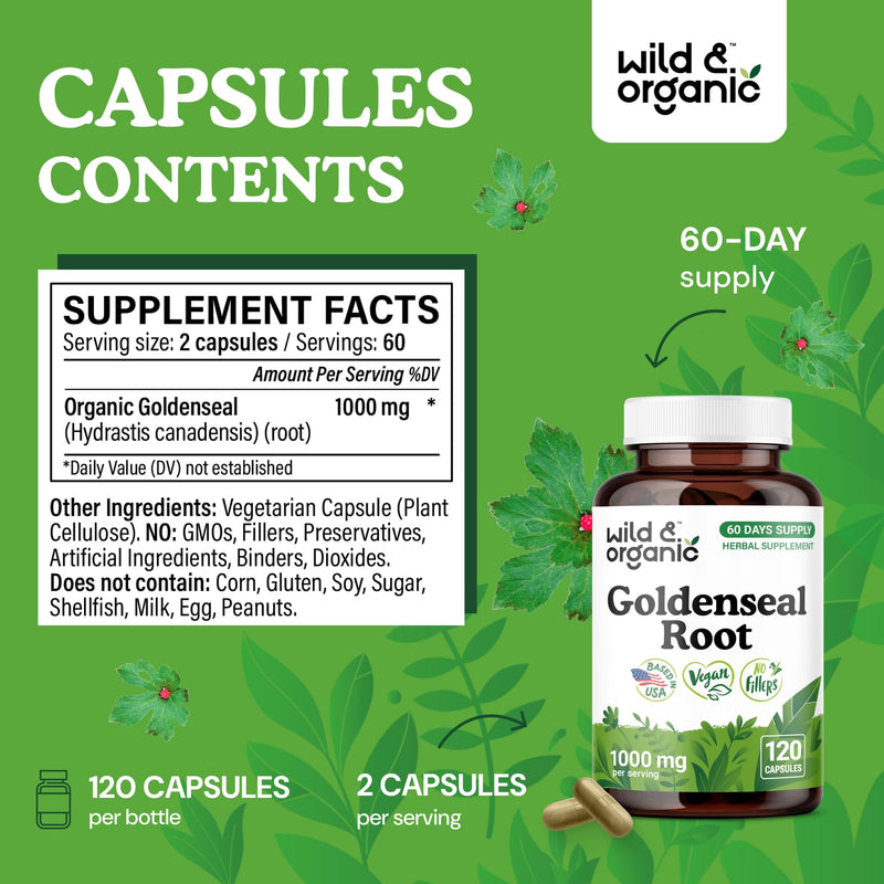 [Australia] - Wild & Organic Goldenseal Root Capsules 1000mg - Immune & Lung Support - 120 Goldenseal Powder Capsules - 2 Month Supply - Vegan, No Fillers, Non-GMO 