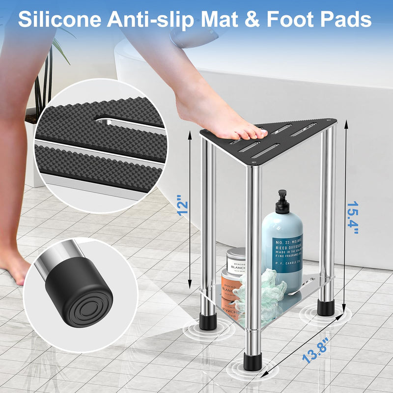 [Australia] - Stainless Steel Shower Stool for Inside Shower, 15.4'' H Shower Foot Rest, Corner Shower Stool with Storage Shelf, Shower Step for Shaving Legs, Bathroom Corner Shower Bench, Silver Medium 