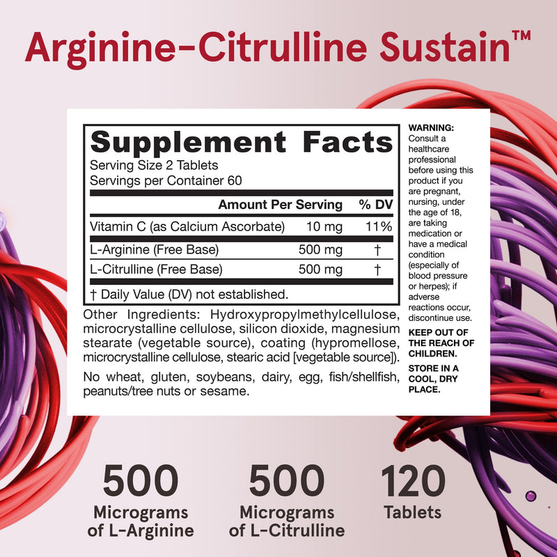 [Australia] - Jarrow Formulas Arginine-Citrulline Sustain, Dietary Supplement, Vascular Support Complex for Nitric Oxide Production and Cardiovascular Health, 120 Tablets, 60 Day Supply Unflavored 120 Count (Pack of 1) 
