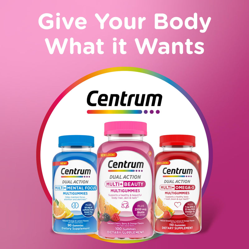 Centrum Multivitamin Gummy, 100 Count (Pack of 1) | Beauty Dual Action Multivitamin, Specially Designed with Biotin for Healthy Hair, Skin and Nails, GLP-1 Support 100 Count (Pack of 1)