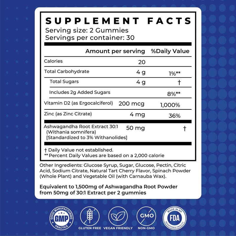 Ashwagandha Gummies 1,500mg with Vitamin D & Zinc | Vegan Ashwagandha Supplement for Mood & Immune Support, Focus & Relaxation | Gluten-Free, Non-GMO | Cherry Flavor, 60 Count