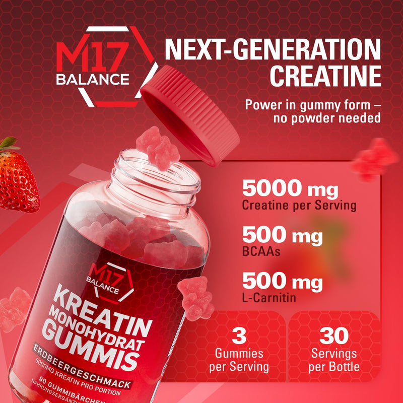 Creatine Monohydrate Gummy Bears - 5000 mg Creatine with BCAAs & L-Carnitine per Dose - for Muscle Building - Sugar Free, Anti-Melt Formula, Vegan, Gluten Free - 30 Servings (90 Count, Strawberry) 90 count (Pack of 1)