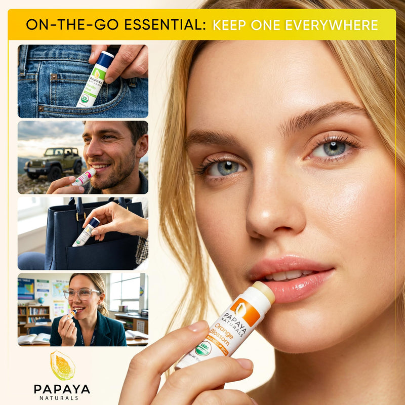 Papaya Naturals USDA Organic Lip Balm Set, 6 Pack – Organic Beeswax, Cocoa Butter & Vitamin E Lip Balm for Dry Lips – Moisturizing Natural Lip Care with Assorted Fruit Flavors