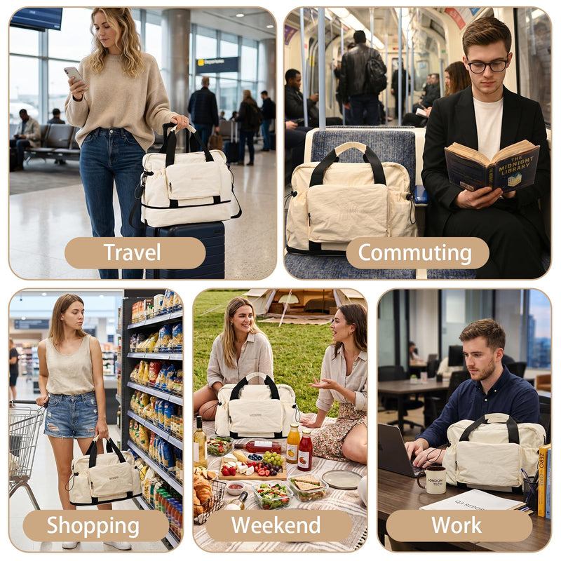 Foldable Travel Bag for Women, Expandable 28L-40L Lightweight Personal Item Carry On Bag, Packable Duffel Bag, Weekender Overnight Travel Tote, Collapsible Luggage Bag, Cream White