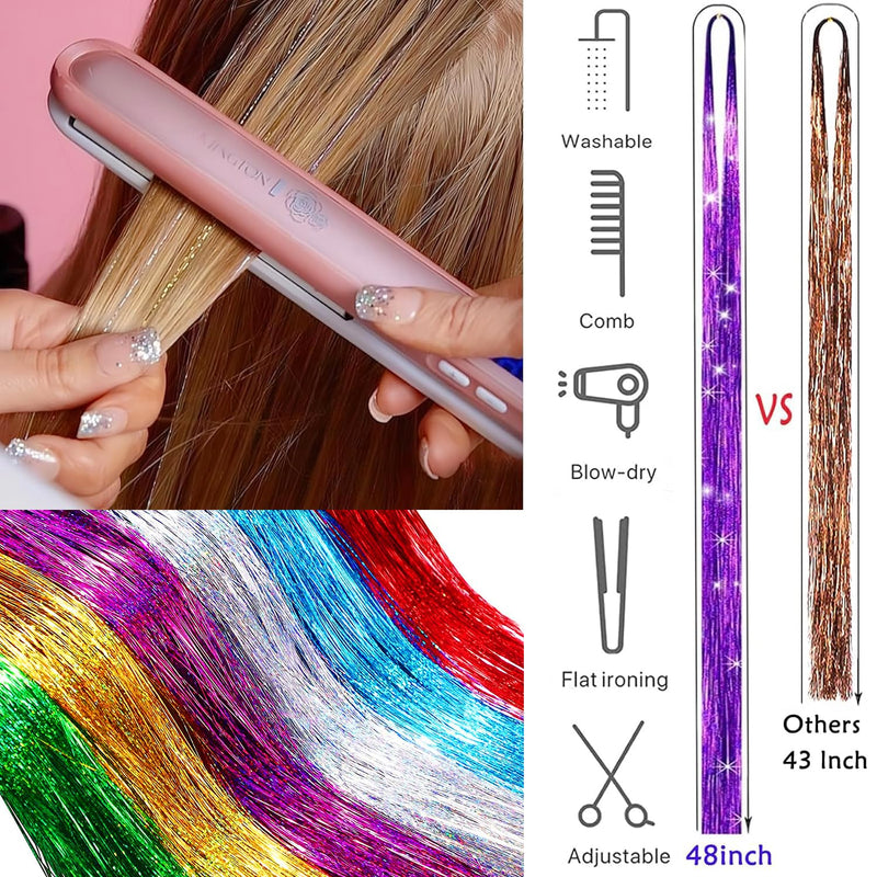 Hair Tinsel Kit (20 Colors, 48 Inch, 7200 Strands) Sparkling Tinsel Hair Extensions with Tools Heat Resistant Shiny Fairy Hair Tinsel Extensions for Women Girls Colorful 20 Colors