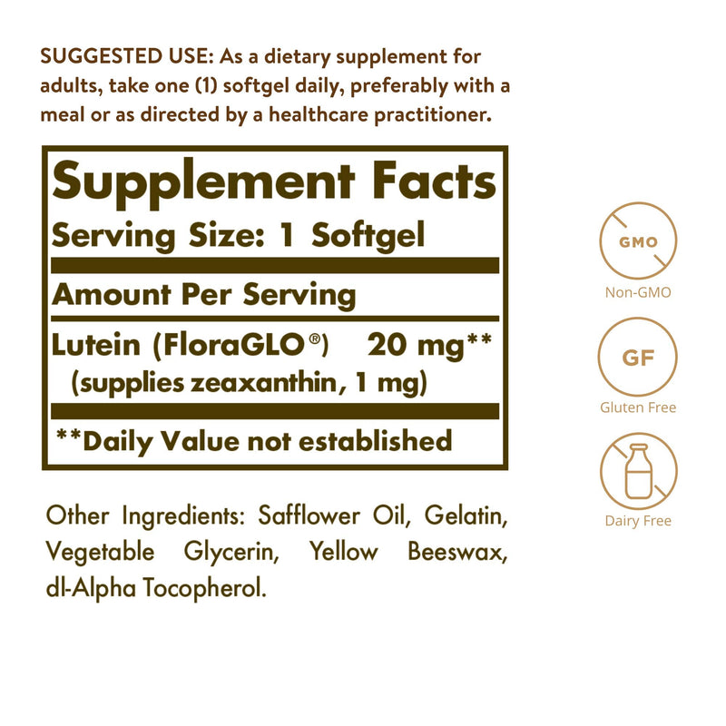 [Australia] - Solgar Lutein 20 mg, 60 Softgels - Supports Eye Health - Helps Filter Out Blue-Light - Contains FloraGLO Lutein - Non-GMO, Gluten Free, Dairy Free - 60 Servings 