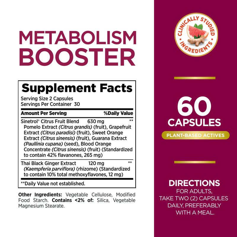 [Australia] - Nature’s Bounty Metabolism Booster Supplement, Boosts Fat Metabolism, Promotes Abdominal Fat Loss, with Citrus Extracts and Black Ginger, 60 Capsules 