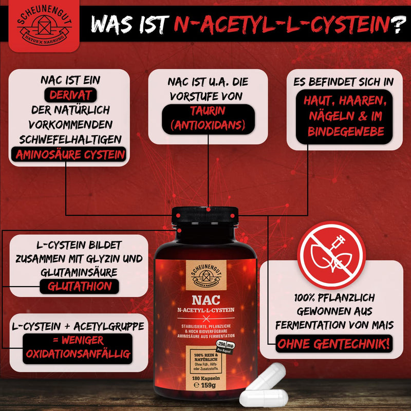 [Australia] - NAC - 180 capsules 750mg each - IMPORTANT: 100% naturally derived (no chemicals) I N-Acetyl L-Cysteine High dosage I Absolutely pure - no additives I Vegan and laboratory tested I from Germany I SCHEUNENGUT® 