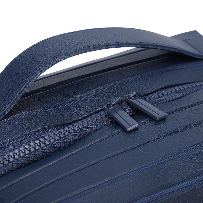 Vikye Foldable Makeup Bag, Large Capacity Flat Open Travel Cosmetic Case Zippered Toiletry Organizer with PU Leather and Canvas, for Skincare Navy Blue
