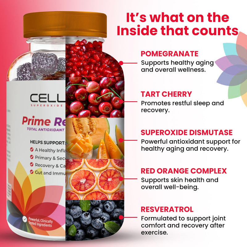 Cellev8 Prime Recovery Joint & Muscle Recovery Gummies - 60 Count - Antioxidant Cellular Health, Daily Energy, Wellness, Supplements with SOD, Tart Cherry - NSF Sport Formula, Raspberry Flavor