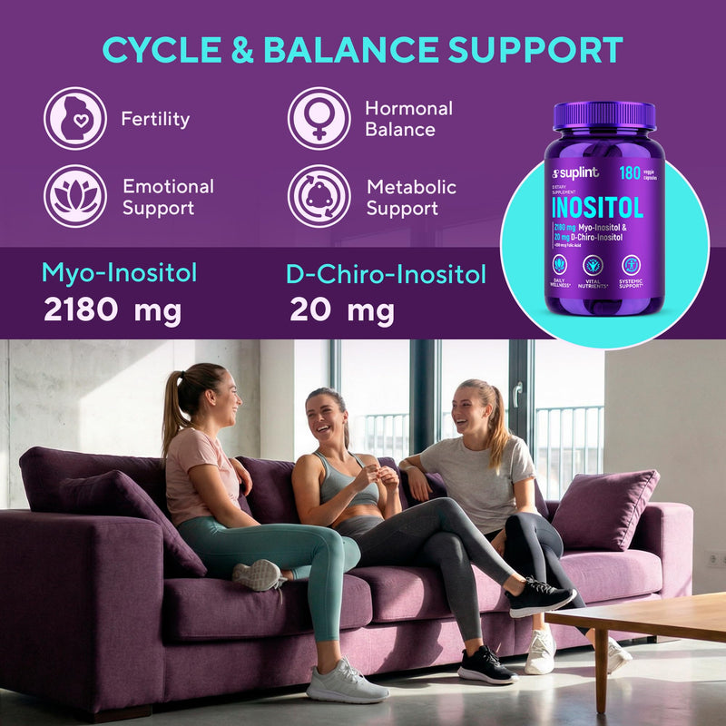 Myo-Inositol & D-Chiro Inositol (Capsules) – PCOS Supplement with Folic Acid – 2200 mg Inositol Complex per Serving – Cycle & Hormonal Support – 180 Vegan Capsules – Lab Tested – GMP Certified