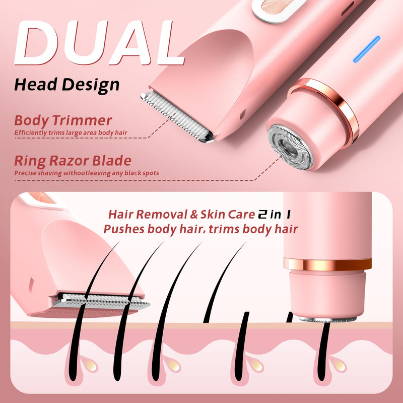 2-in-1 Women’s Electric Razor & Bikini Trimmer - Painless Pubic Hair Shaver, IPX7 Waterproof Wet/Dry Use for Bikini Area, Legs, Face, Underarms (Pink) Pink