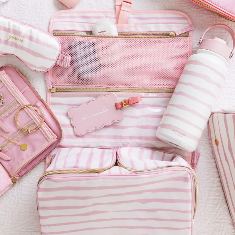 kate spade new york Hanging Toiletry Bag, Goddess Stripe | 8.5" x 12.75" x 6" Travel Organizer with Gold Hook, 2 Large Bottle Compartments, Mesh & Clear Pockets, Nylon & Mesh