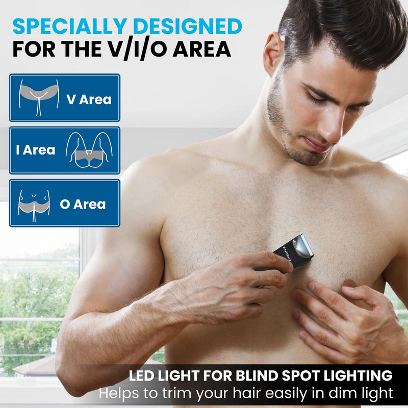 [Australia] - SoftKare Groin Hair Trimmer for Men - Safe Ball Shaver, Replaceable Ceramic Blade Heads & Charging Base, Electric Body Groomer with Light Power Display, Waterproof Wet / Dry Use Male Razor Black 