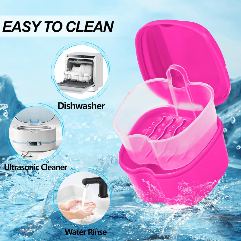 [Australia] - 2 Pack Colors Denture Bath Case Cup Retainer Cleaner Holder Case False Teeth Soaking Container Dental Bath Storage Box Case with Strainer Basket and Brush - Rose Red & Black 