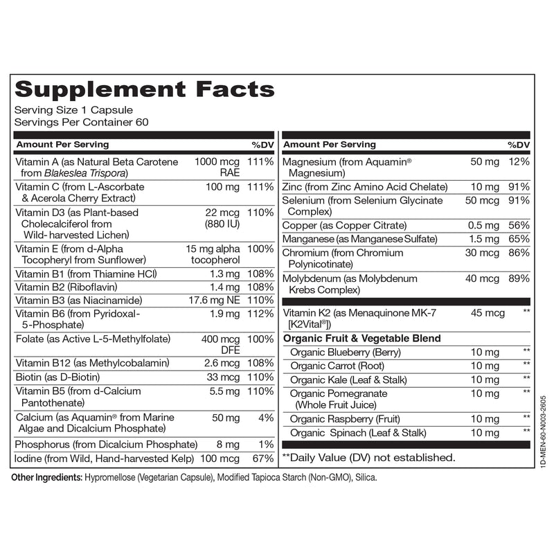 NATURELO Mens Multivitamins - One Daily Multivitamin for Men with Vitamins, Minerals & Organic Whole Foods, Boost Energy & Health, Non-GMO, 60 Vegetarian Capsules Unflavored 60 Count (Pack of 1)