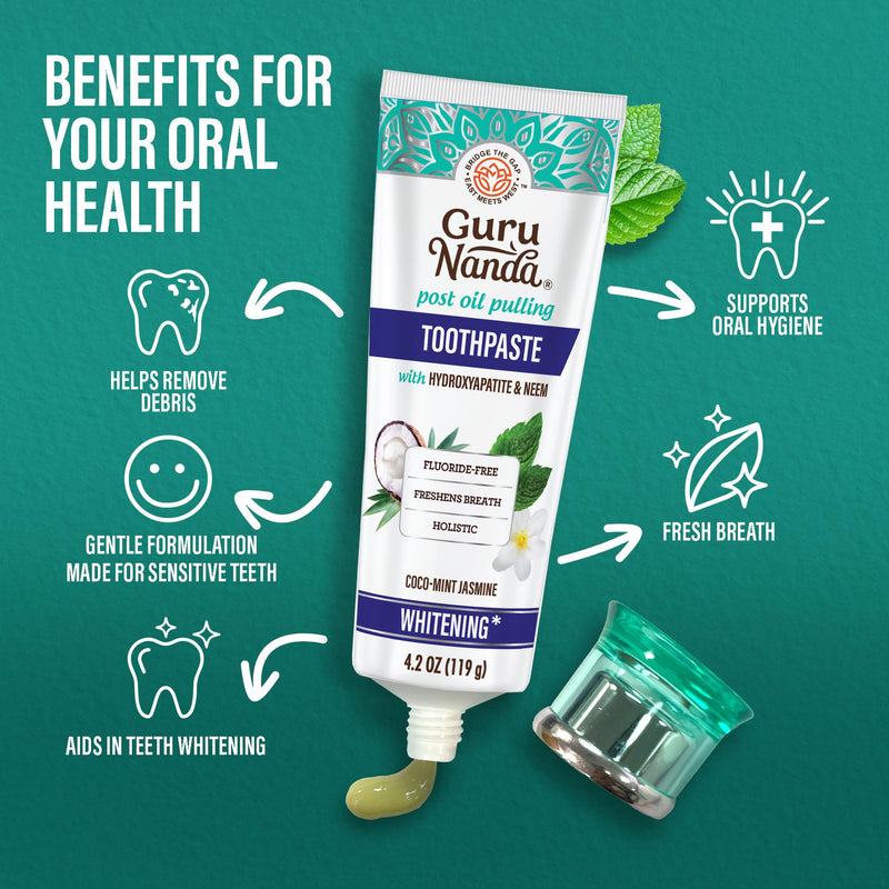 [Australia] - GuruNanda Hydroxyapatite Toothpaste, SLS & Fluoride Free (4 Pack), Whitening Toothpaste - Freshens Breath, Fights Plaque - with 2 Toothbrushes, 2 Tongue Scrapers & 2 Tube Squeezers 4.2 Ounce (Pack of 4) 