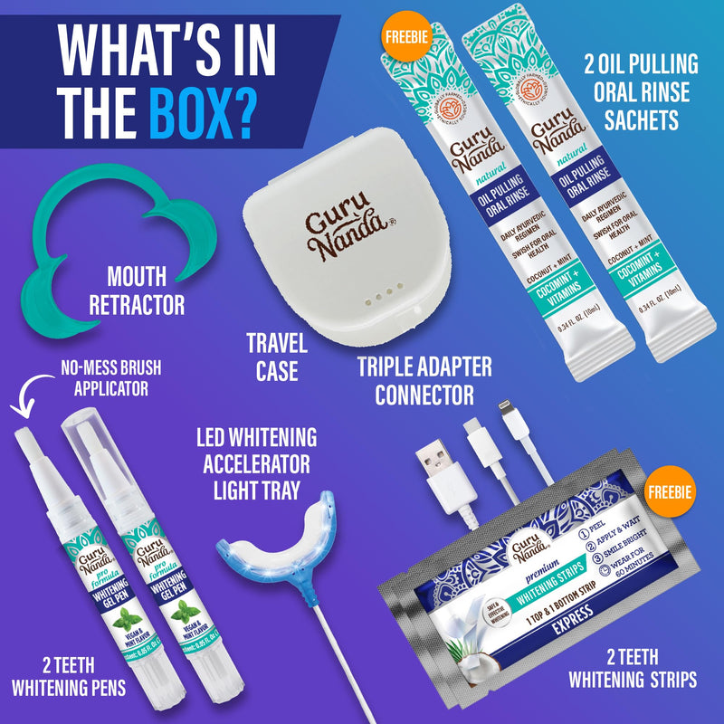[Australia] - GuruNanda Premium Teeth Whitening Kit with Wired LED Light & Whitening Pen, Works with iPhone & Android, Helps Remove Surface Stains from Coffee, Food, Soda 