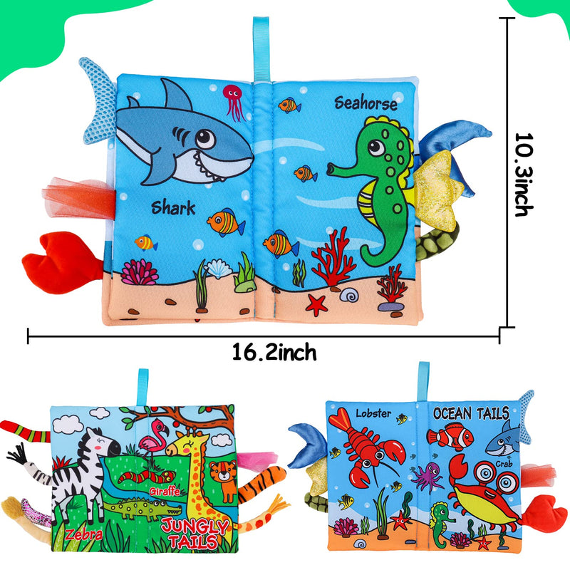 2 PCS Soft Cloth Baby Books 0-6 Months High Contrast Sensory Baby Toys 6 to 12 Months Crinkle Touch Feel Teething Carseat 9 18 Month Travel Essentials Tummy Time Infant 0-3 Months Newborn Shower Gift Marine & Jungly Animals