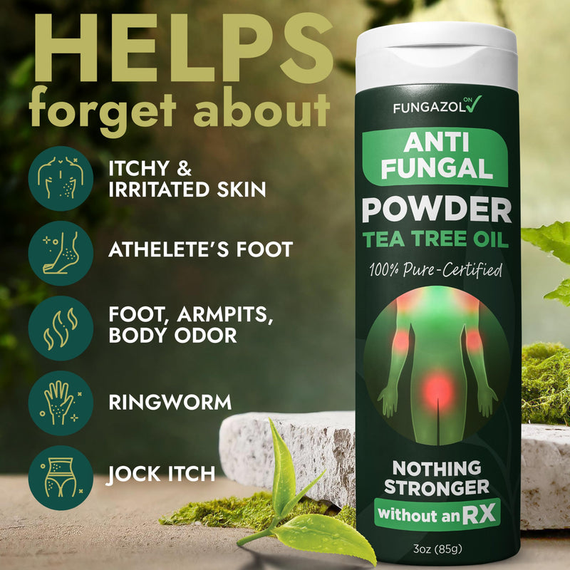 Antifungal Body Powder with Miconazole Nitrate 2% for Jock Itch & Ringworm | Medicated Body Powder for Jock Itch, Athlete's Foot, Ringworm & Odor, Soothes Itchy Skin, Tea Tree Oil, 3 oz, pack of 3