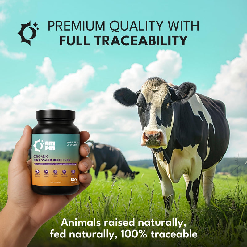 Grass Fed Beef Liver Capsules, Natural Whole Food Supplement, Organic, Non-GMO,180 Capsules By AMPM
