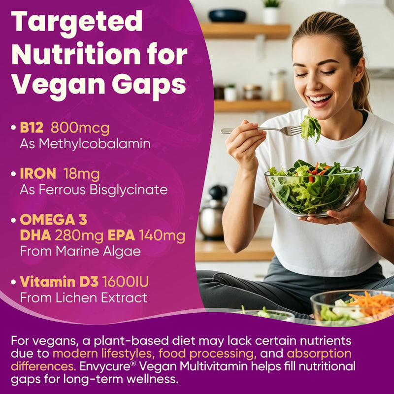 Envycure 41-in-1 Vegan Methylated Multivitamin Gummies for Women Men w/Iron, B12 D3, Omega 3, Daily Vitamins for Adults, Fill Nutrient Gaps for Vegans & Vegetarians, Energy, Brain, Immune, Antioxidant