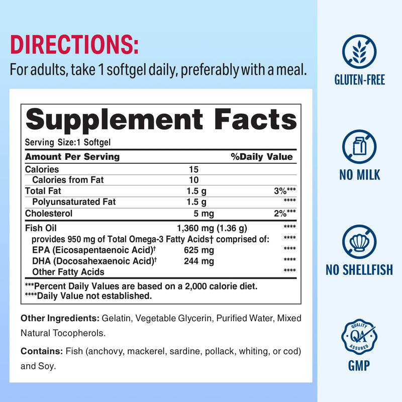 Vitamin World Triple Strength Omega 3 Fish Oil 1360 mg, 120 Softgels | High Potency Omega 3s with EPA & DHA 950 mg, Supports Heart, Brain & Joint Health, Gluten Free, 4 Months Supply 120 Count (Pack of 1)
