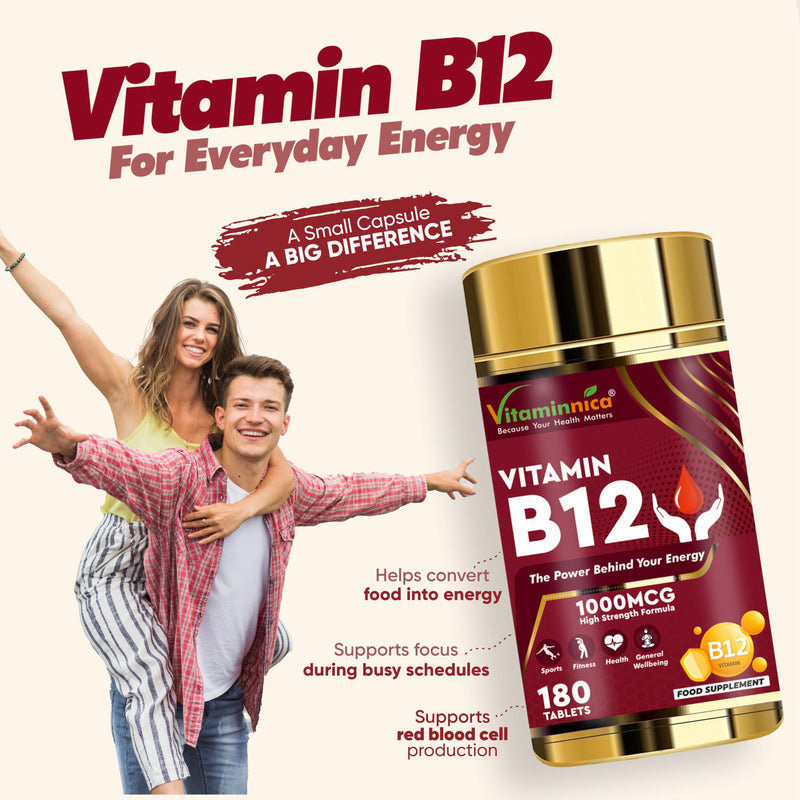 Vitaminnica Vitamin B12-180 Tablets – Energy & Vitality Support, Reduces Tiredness & Fatigue, Supports Nervous System & Red Blood Cell Formation