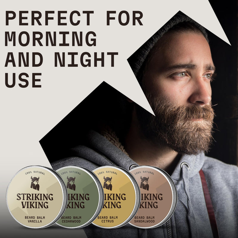 [Australia] - Striking Viking Beard Balm 4 Pack - Four 1 oz. Tin cans - beard balms sandalwood, cedar wood, vanilla & citrus fruits - beard growth products for strong beards - beard oil skin care 