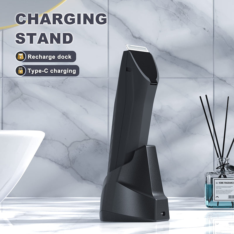 [Australia] - MANSPOT Manscape Body & Pubic Hair Trimmer for Men, Electric Groin Hair Trimmer, Replaceable Ceramic Blade Heads,Waterproof for Wet/Dry Use,Standing Recharge Dock,90 Minutes Shaving(Black) Metallic Black 