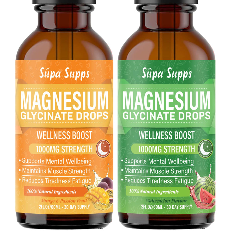 Magnesium Glycinate 120ml- Watermelon + Mango & Passion Fruit Flavour | Supa Supps Magnesium Glycinate 3-in-1 Complex | Fast Absorption, Premium Pure Formula, Easy-to-Take Supplement for Daily Balance 60 ml (Pack of 2)