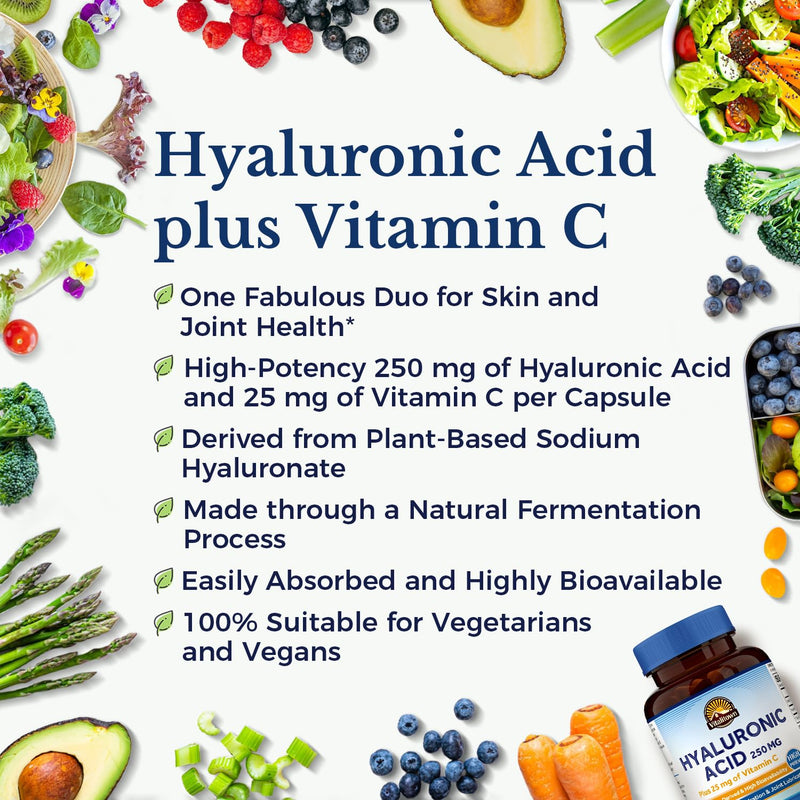 [Australia] - VITALITOWN Hyaluronic Acid 250 mg, plus 25 mg Vitamin C, Naturally Derived & High Bioavailability, Skin Hydration & Joint Lubrication, 90 Vegan Capsules, 3 Month Supply 