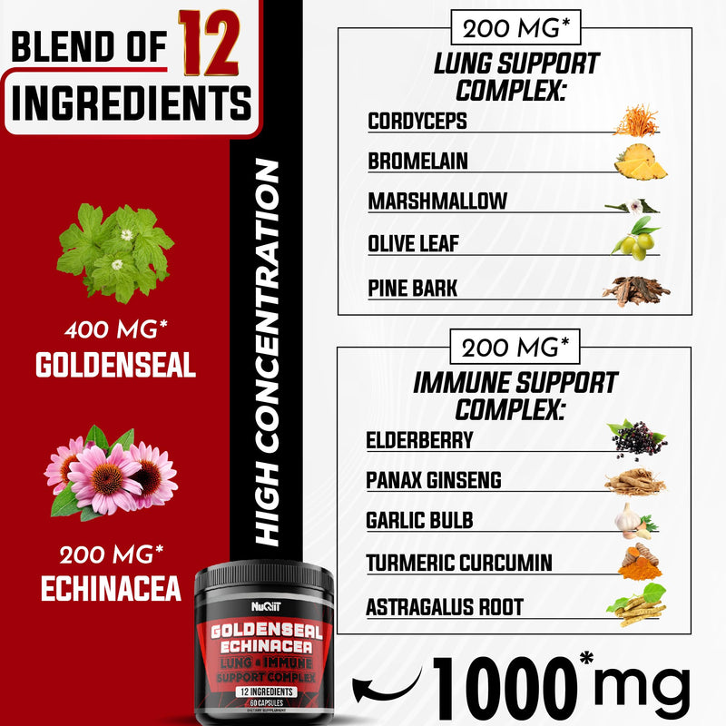 [Australia] - 1000mg Goldenseal Root Capsule with Echinacea, Panax Ginseng Root, Immune Support Complex as Elderberry, Garlic Bulb - 60 Capsules - Digestive Health, Body Balance & More - Goldenseal Root Powder 