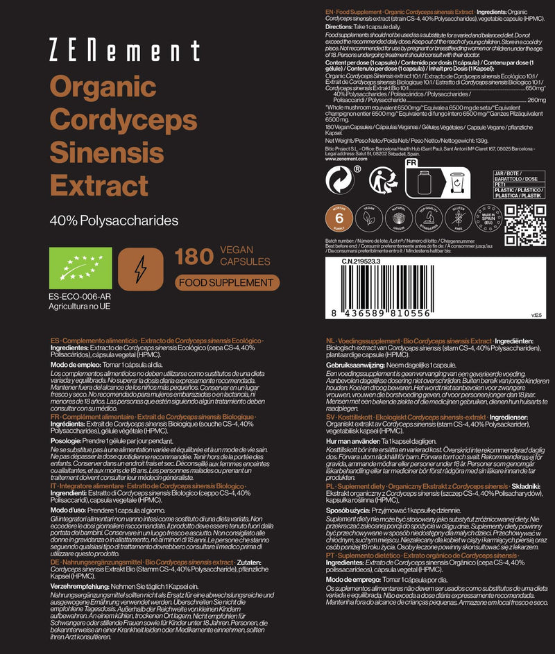 Organic Cordyceps Sinensis, 180 Capsules (6-Month Supply) | Mushroom Extract Powder Supplement | 650mg of Authentic CS-4 Extract, 40% bioactive Polysaccharides | Vegan, No Additives | Zenement