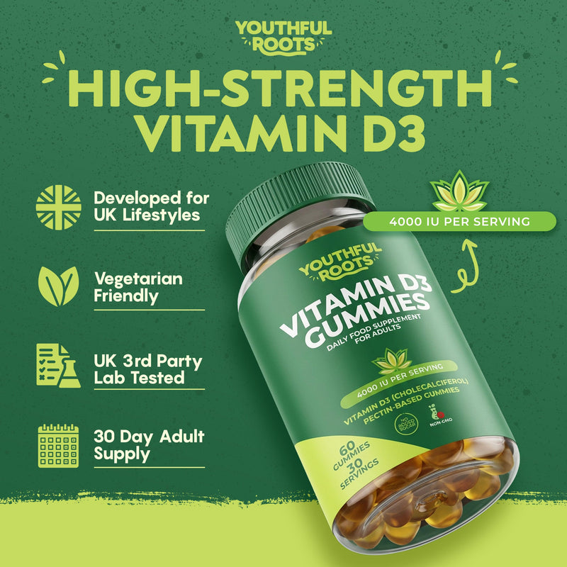 Vitamin D3 Gummies 4000 IU – High Strength for Adults – Immune, Bone & Muscle Support – Vegetarian - Peach Flavour - Sugar Free – 60 Gummies 1 count (Pack of 1)
