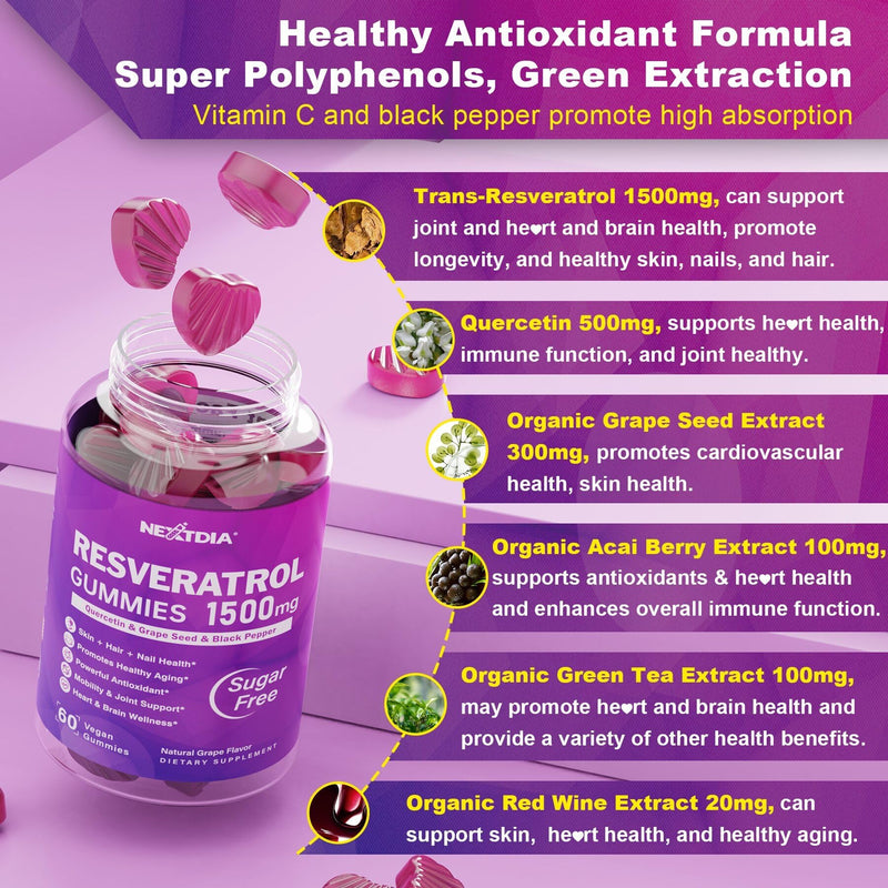 [Australia] - Resveratrol Gummies 1500mg - Sugar Free Resveratrol Supplement with Quercetin, Grape Seed, Acai Berries Extracts Support Antioxidant, Healthy Aging & longevity, Skin, Joint, Brain Wellness - Vegan 60 Count (Pack of 2) 